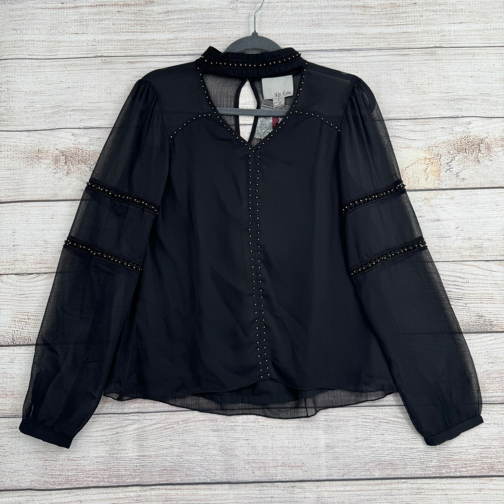 Chloe Oliver Blouse Women Small Black Studded Sheer Keyhole Boho Top NEW